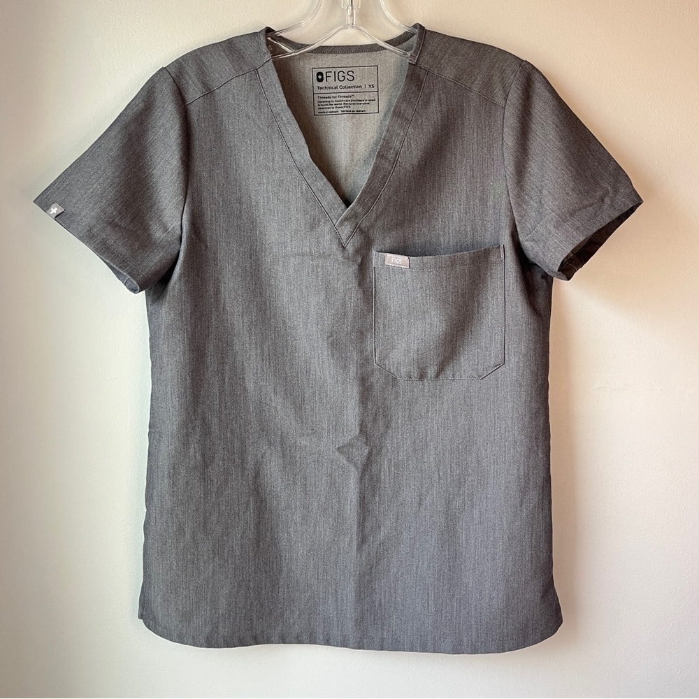 FIGS Technical Collection Grey V-Neck Pocket Short Sleeve Scrub Top